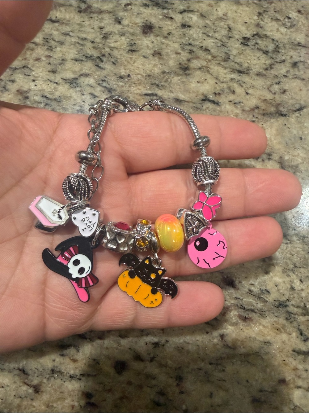 Kids Pink and Yellow Halloween Charm Bracelet - Cute Bat & Skull Charms